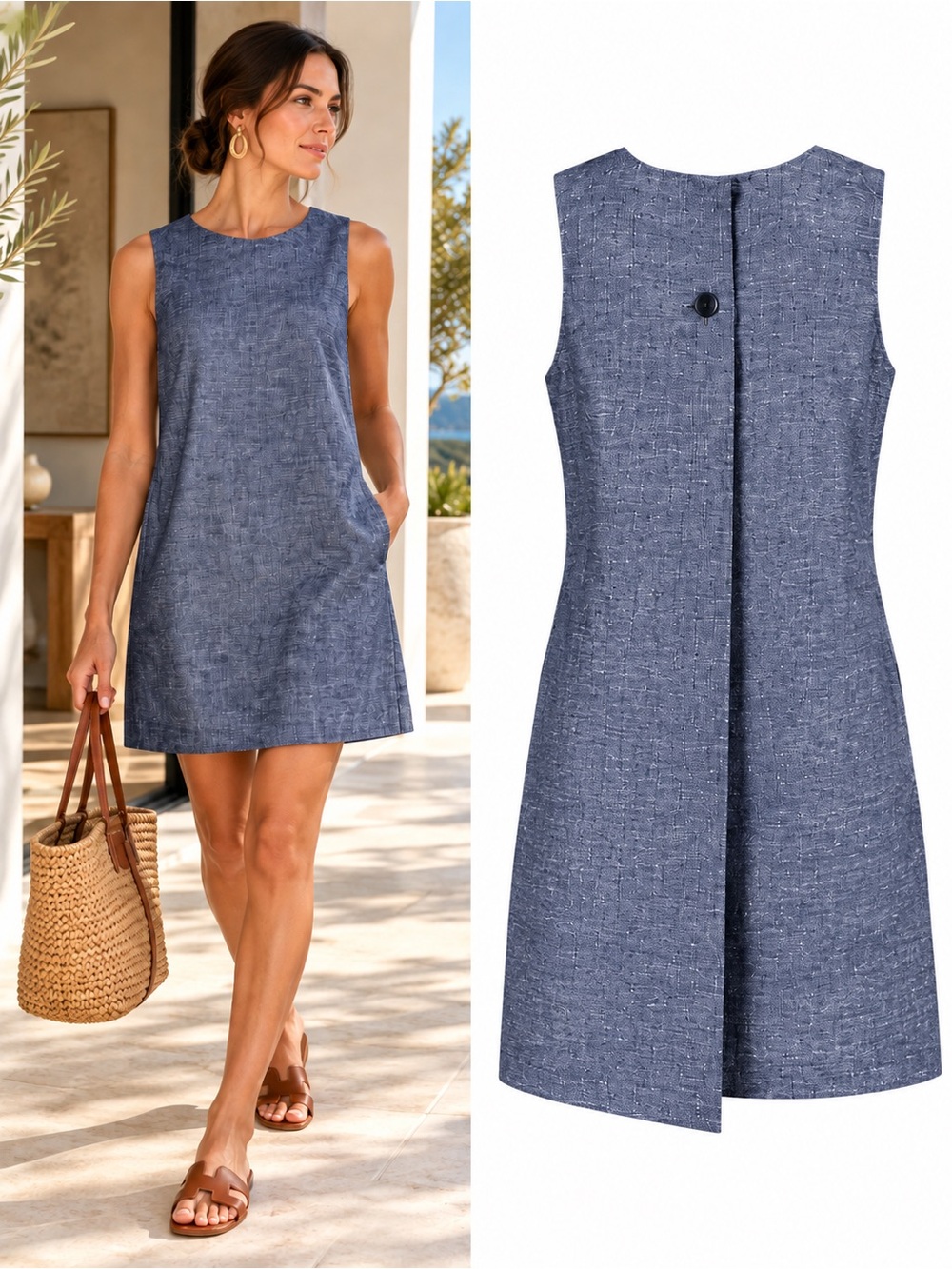 Theory Narlica Linen Cotton Chambray Shift Dress Blue Size 2